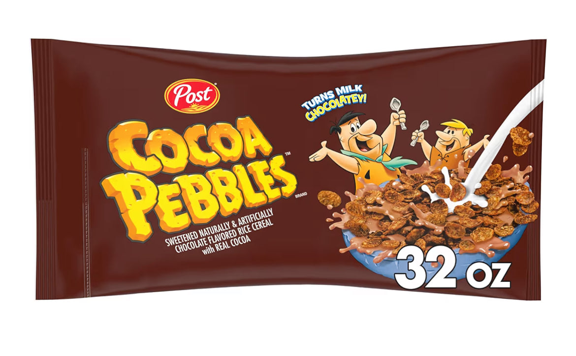 Cocoa PEBBLES Cereal family size 32 oz gluten free rice cereal bag