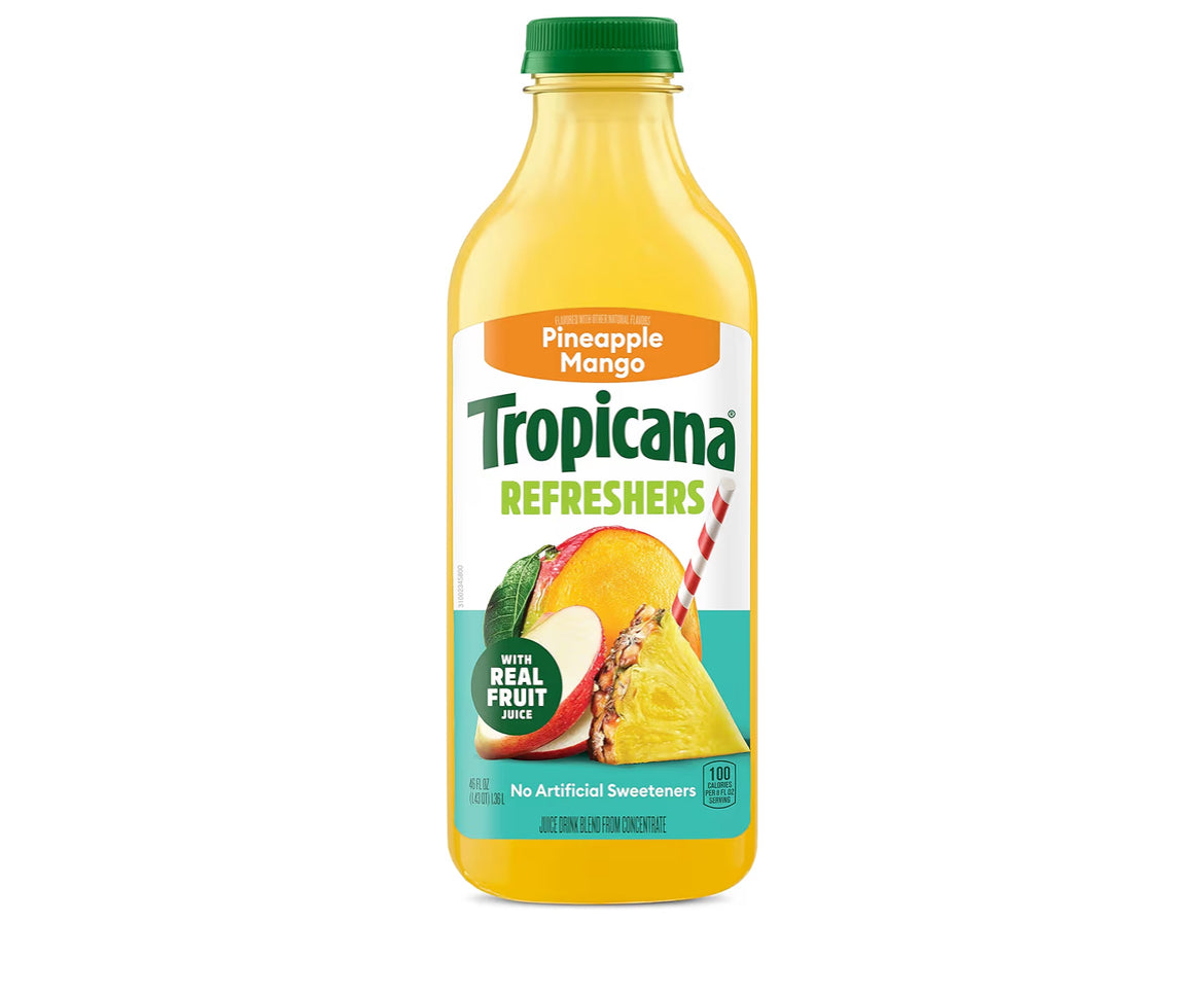 Tropicana Refreshers Pineapple Mango Juice Drink 46 fl oz bottle with real fruit juice