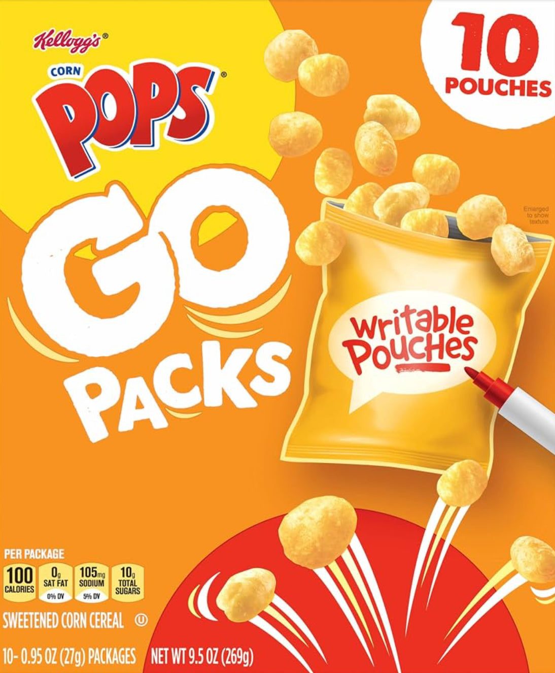 Kellogg's Corn Pops Go Packs cereal 9.5oz box with 10 pouches snack for kids and lunch