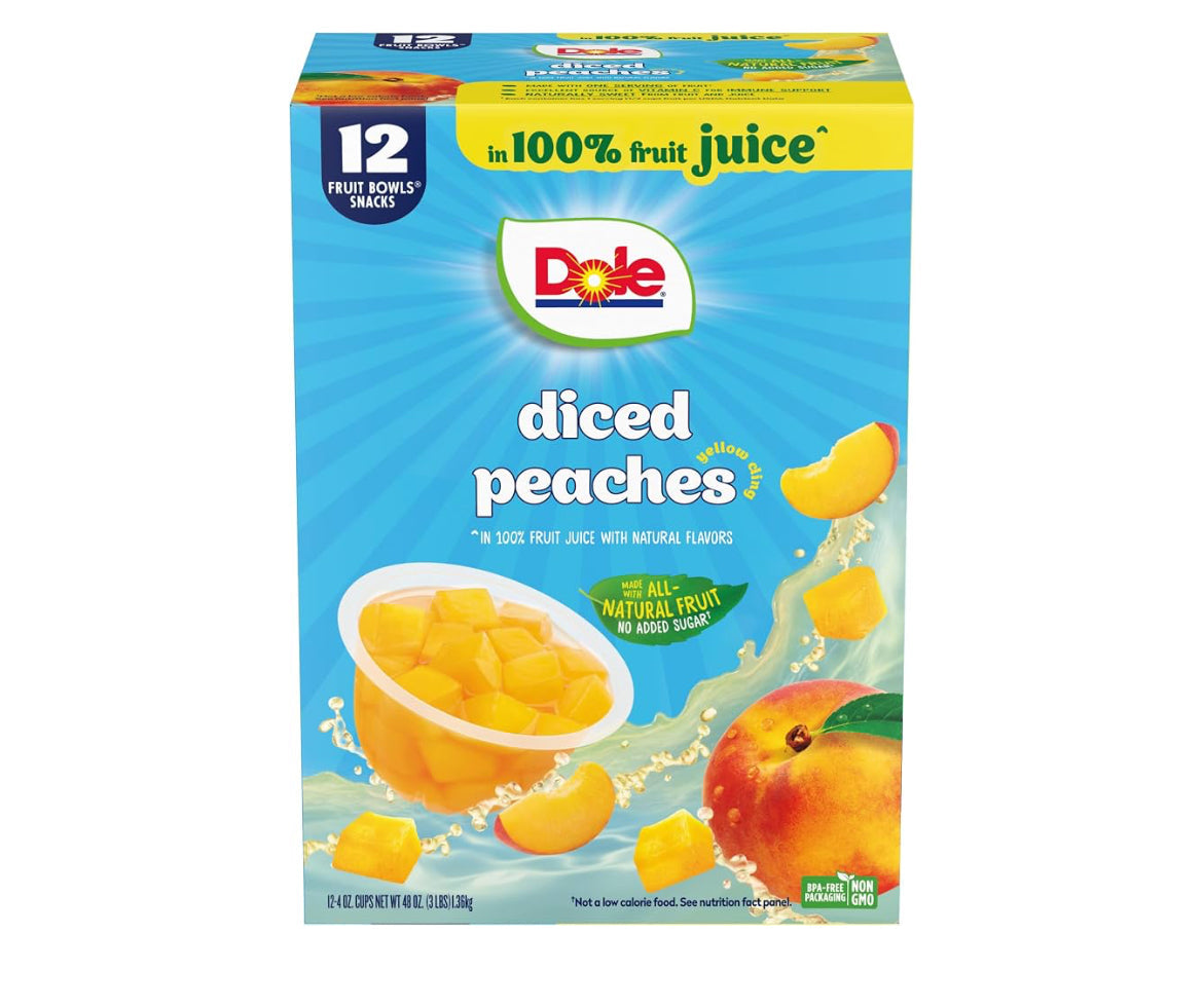 Dole Diced Peaches fruit bowls 4 oz 12 pack in 100% juice