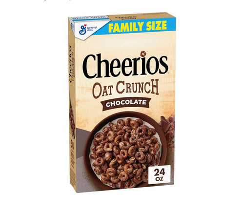 Family size 24 oz Cheerios Oat Crunch Chocolate Breakfast Cereal made with whole grain bowl and box