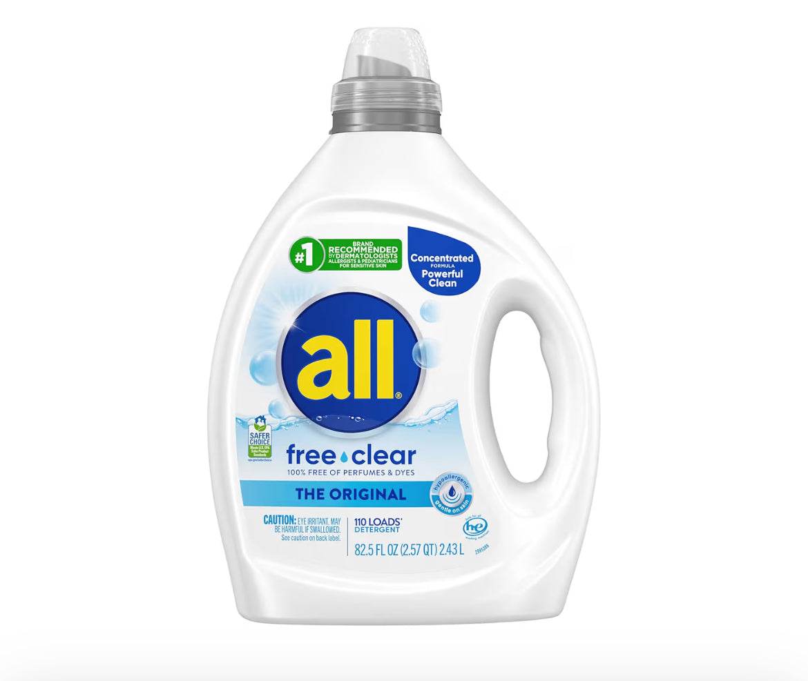 all free clear liquid laundry detergent bottle for sensitive skin, unscented and hypoallergenic, 82.5oz, 110 loads