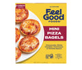 Feel Good Foods gluten free mini pizza bagels with mozzarella, cheddar, and parmesan cheese, frozen snack pack 7oz