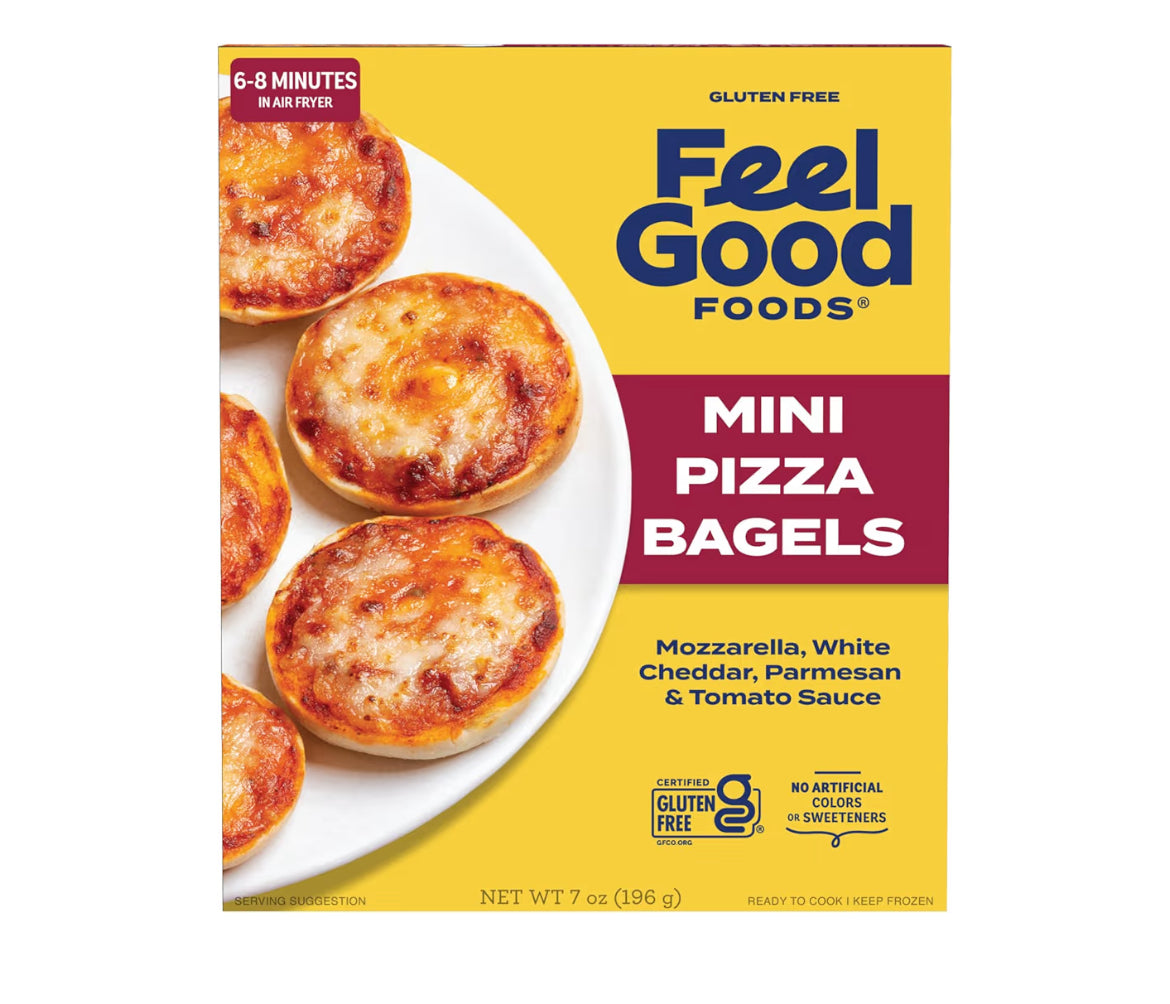 Feel Good Foods gluten free mini pizza bagels with mozzarella, cheddar, and parmesan cheese, frozen snack pack 7oz