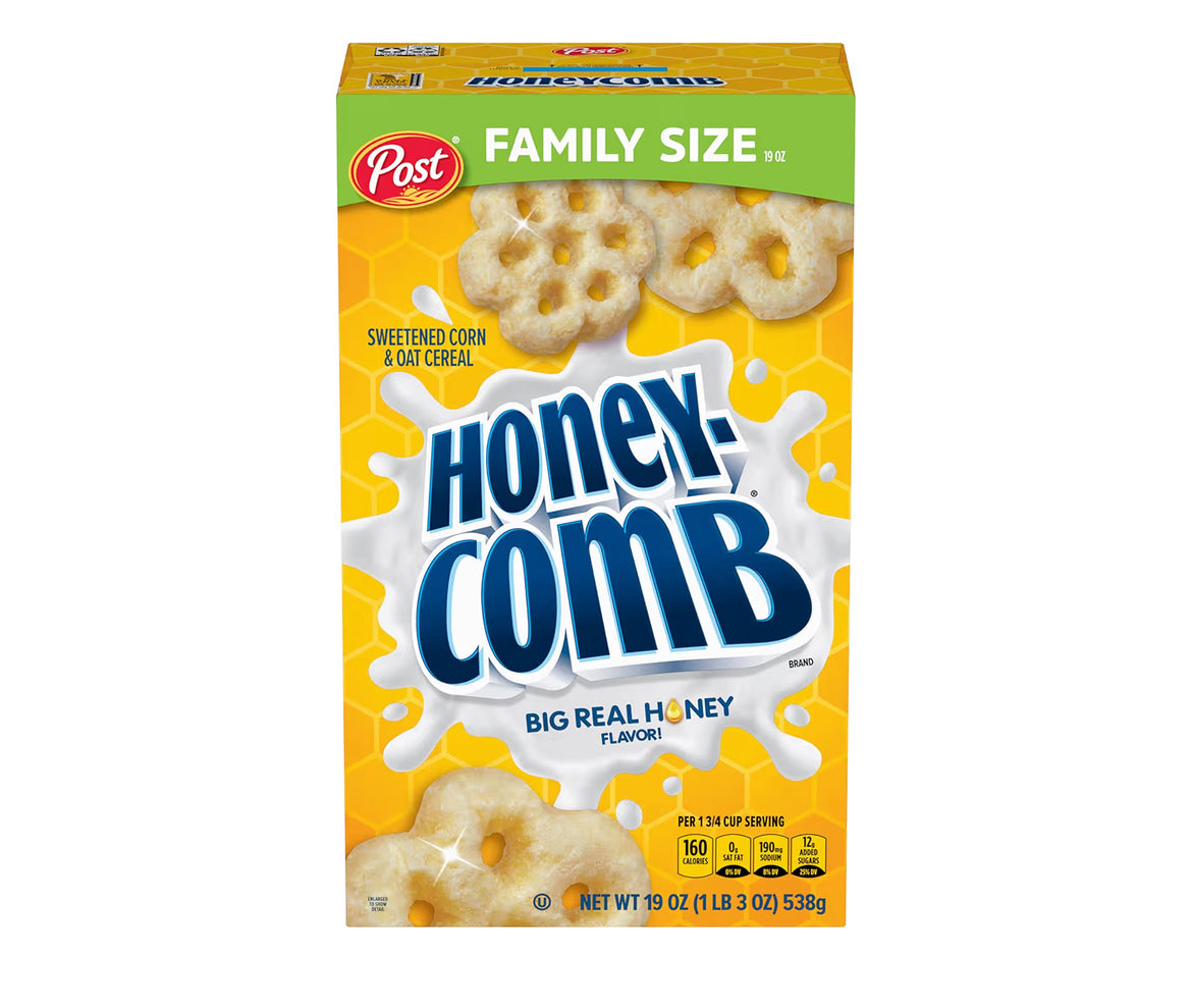 Honeycomb Honey Flavored cereal 19 oz box with honeycomb pieces and milk bowl
