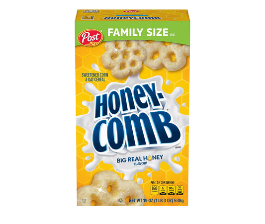 Honeycomb Honey Flavored cereal 19 oz box with honeycomb pieces and milk bowl