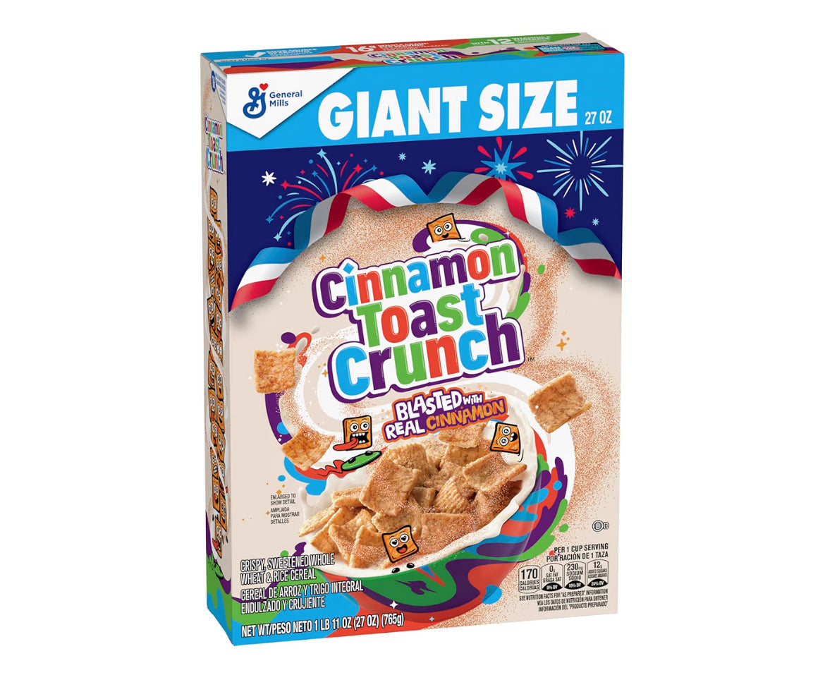 Cinnamon Toast Crunch giant size 27 oz cereal box with crispy cinnamon squares