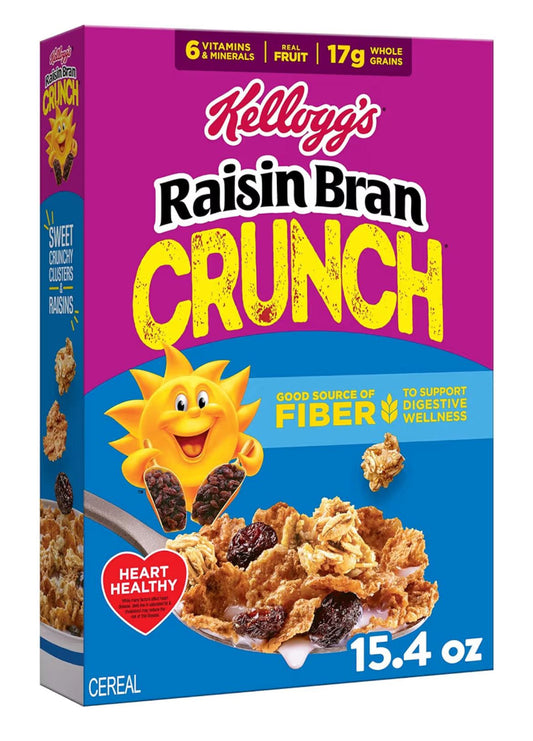 Kellogg's Raisin Bran Crunch cereal box 15.4 oz, good source of fiber, made with real fruit and vitamins
