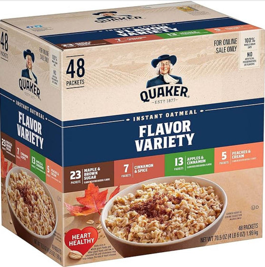Quaker Instant Oatmeal 48 count variety pack with maple brown sugar apples cinnamon cinnamon spice and peaches cream flavors
