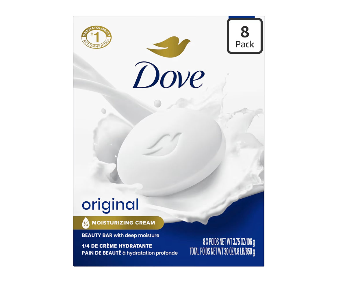 Dove Beauty Bar Soap Original 8 Count for Soft, Smooth Skin, with 1/4 Moisturizing Cream 3.75 oz
