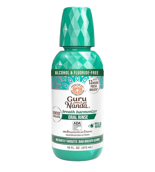 GuruNanda Oral Rinse Fresh Breath Mouthwash bottle with wild mint flavor and 7 essential oils