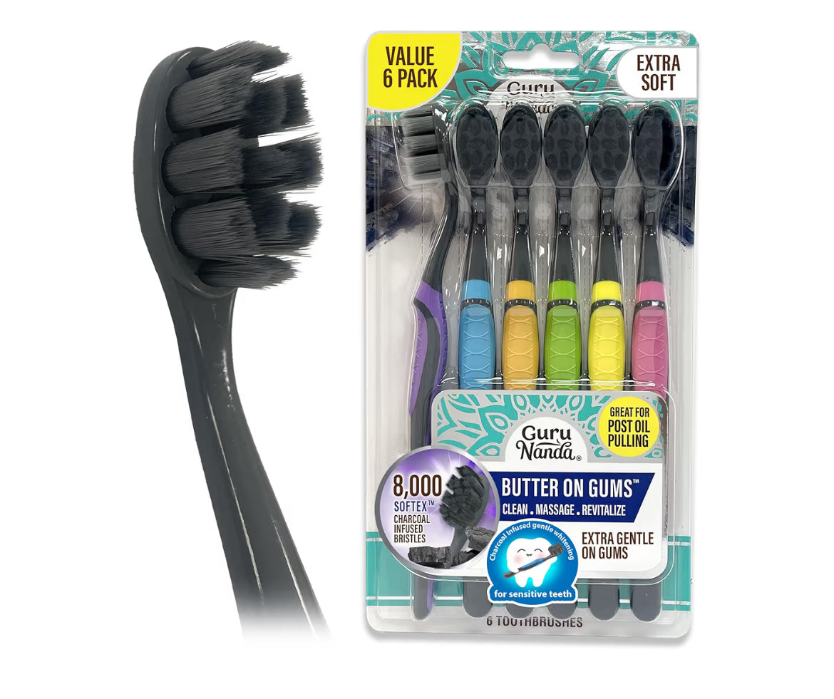 GuruNanda Butter on Gums Charcoal Toothbrush - 8000+ SoftexTM Bristles for Sensitive Teeth & Gums, Aids in Teeth Whitening, Extra Soft (6 Count)