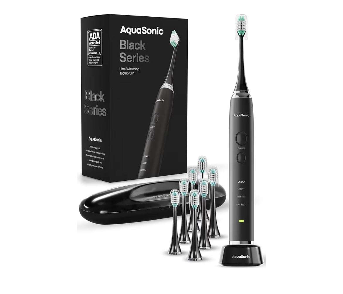 Aquasonic Black Series Ultra Whitening Electric Toothbrush with 40,000 VPM motor, 8 brush heads, travel case, wireless charging, and 4 cleaning modes