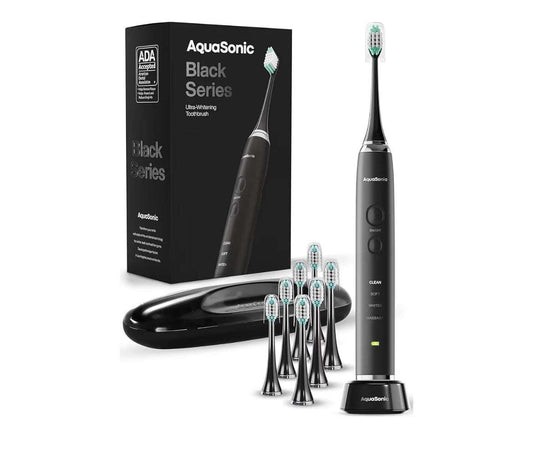 Aquasonic Black Series Ultra Whitening Electric Toothbrush with 40,000 VPM motor, 8 brush heads, travel case, wireless charging, and 4 cleaning modes