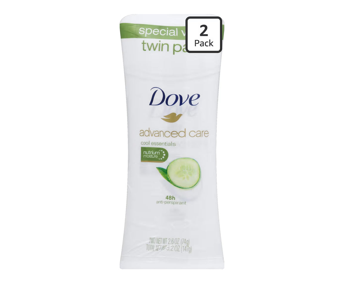 Dove Advanced Care Antiperspirant Deodorant Stick Twin Pack Cool Essentials for 72-Hour Odor Protection Pro-Ceramide Technology 2.6 oz