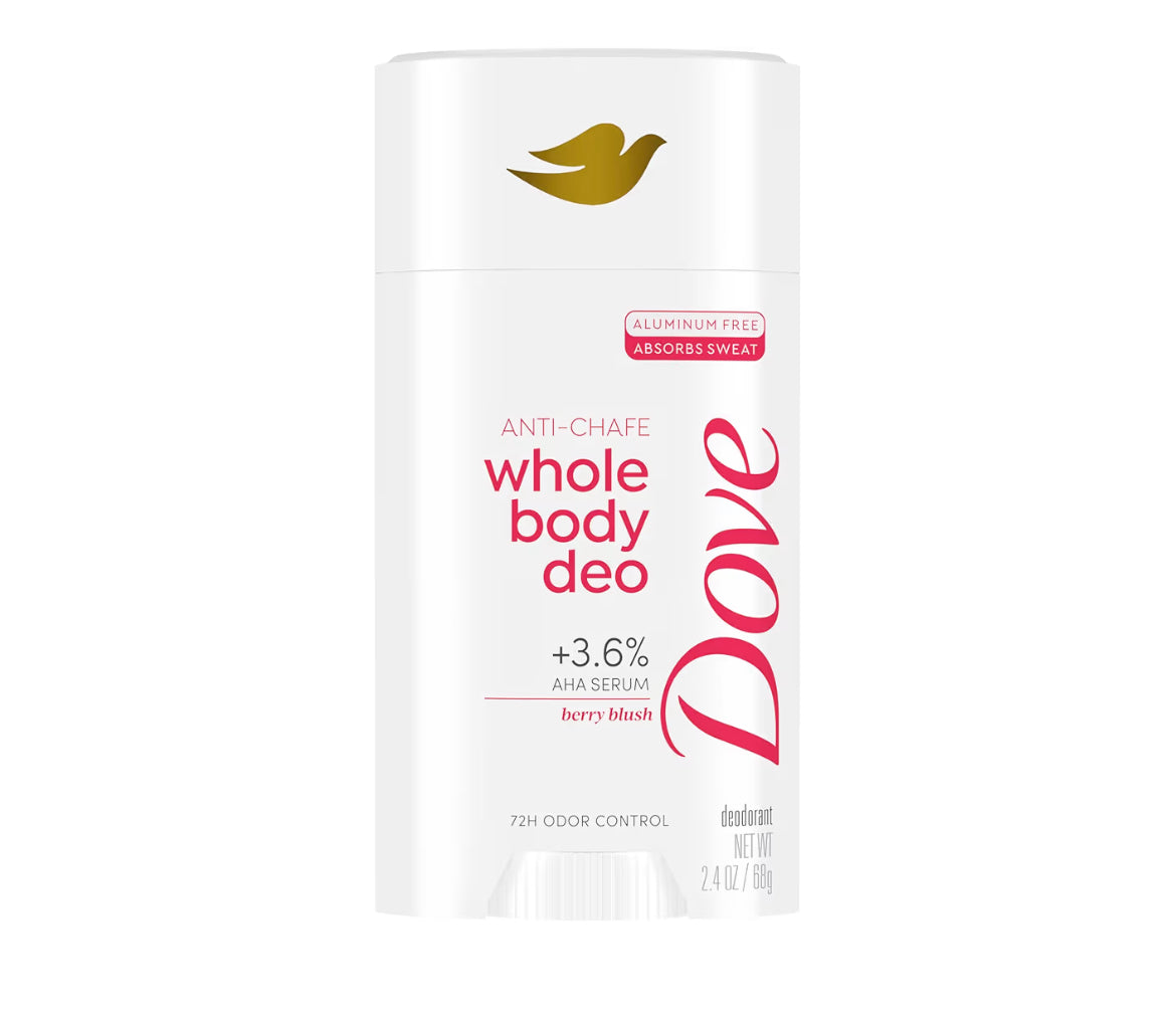 Dove Whole Body Deo Aluminum Free Anti-Chafe Deodorant Stick for Women Berry Blush 2.4 oz