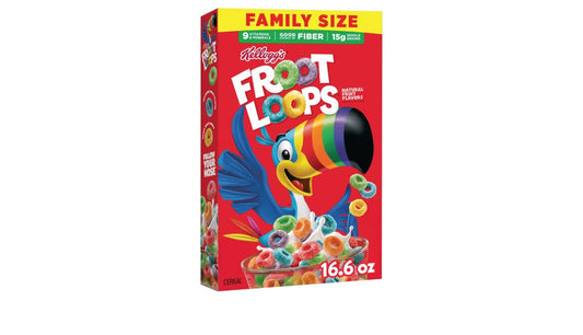 Kellogg's Froot Loops cereal family size box with fiber and whole grains