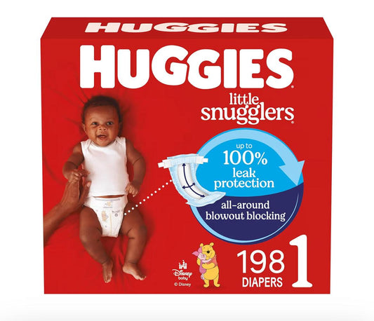 Huggies Size 1 Little Snugglers Diapers 198 count packaging with Disney Winnie the Pooh designs