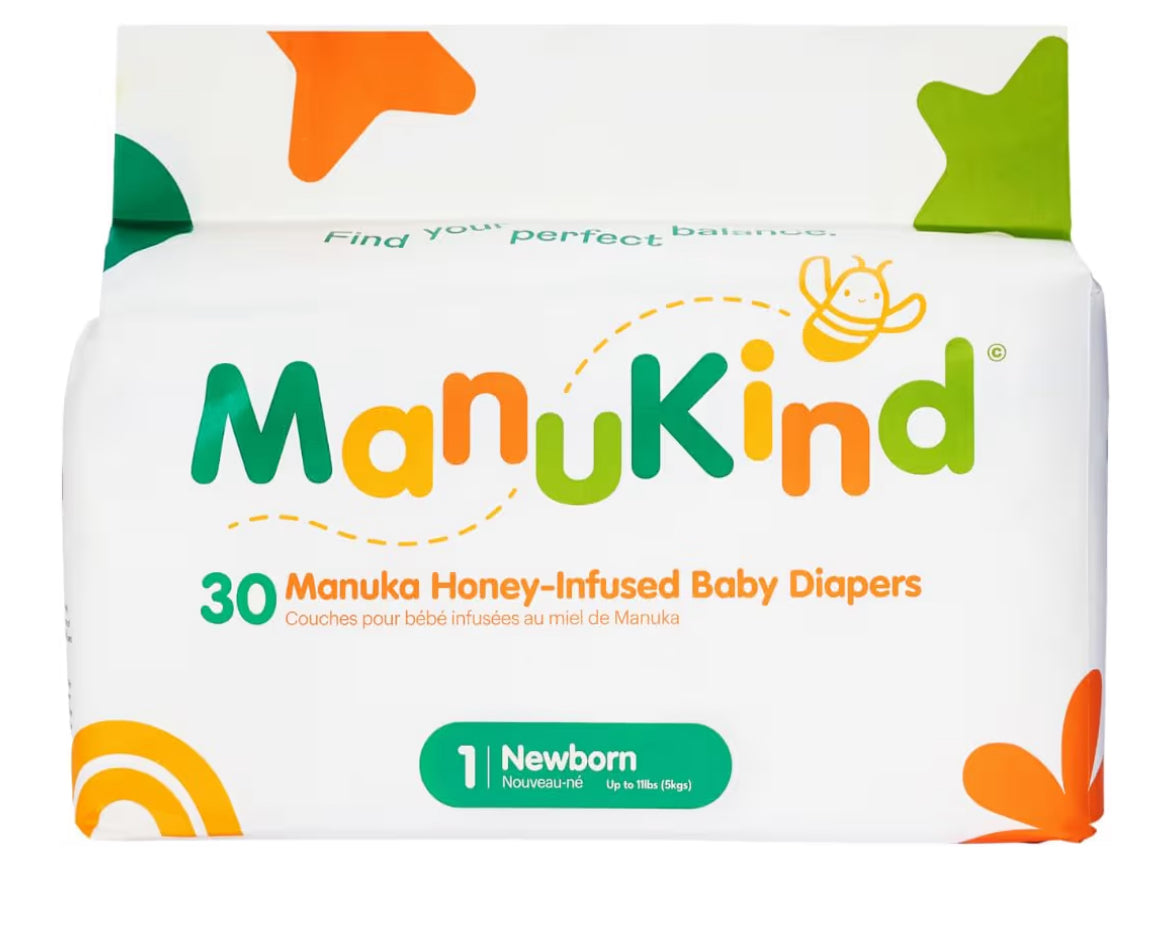 ManuKind Baby Diapers, Manuka Honey Infused, Ultra Soft, Plant-Based Materials, Quick-Dry Comfort, Leak Guard Protection, Size 1 – 30 Diapers