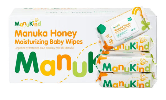 ManuKind Manuka Honey Infused Baby Wipes, ultra gentle bamboo fiber, soothing for sensitive skin, dermatologist tested, New Zealand made, 70 wipes box