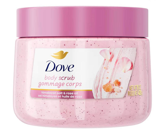 Dove Himalayan Salt & Rose Oil Body Scrub 15oz jar for exfoliating and nourishing smooth skin