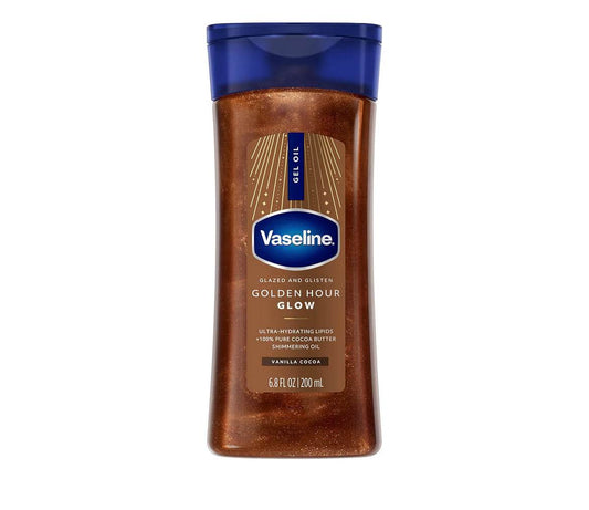 Vaseline Glazed & Glisten Golden Hour Body Gel Oil with vanilla cocoa shimmer and ultra-hydrating lipids
