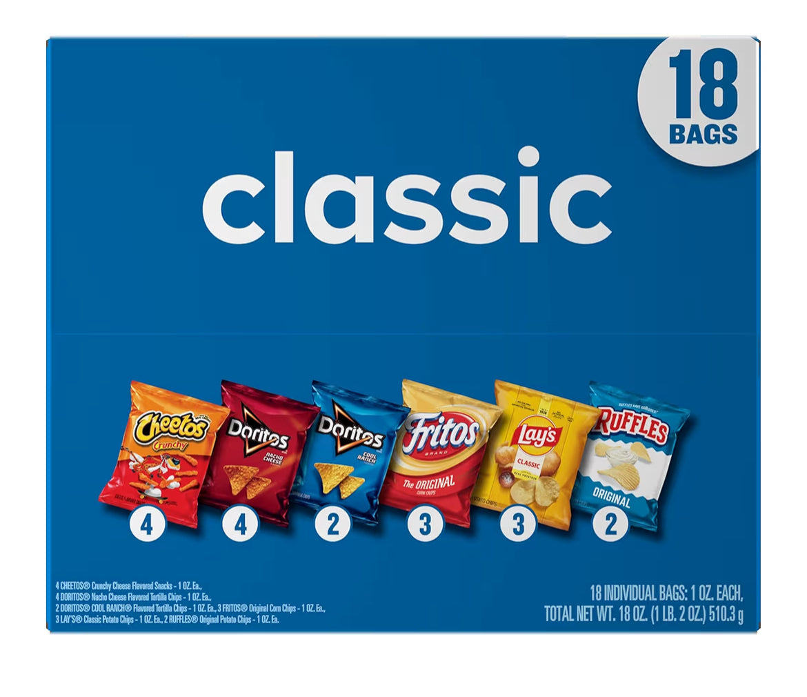 Frito-Lay Snacks Classic Mix Chips Variety Pack, Doritos, Lay's Ruffles, Cheetos, Fritos, 18 Count