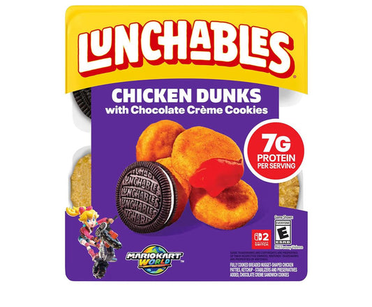Lunchables Chicken Dunks pack with breaded chicken nuggets, ketchup dip, and chocolate creme cookies, 4 oz serving