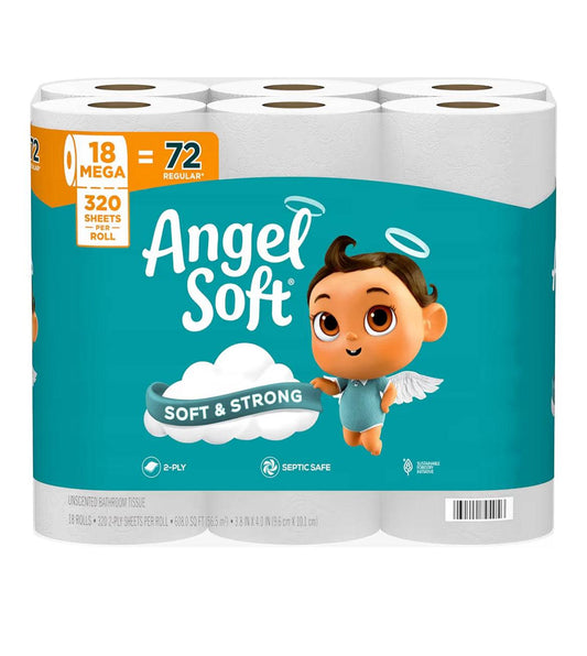 Angel Soft Toilet Paper 18 mega rolls pack showing soft and strong flushable toilet tissue