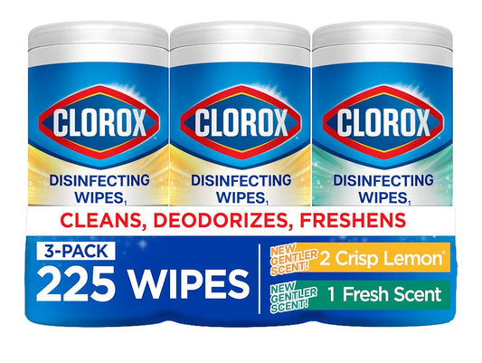 Clorox Disinfecting Wipes pack of three with fresh lemon scent and multi-surface antibacterial cleaning for allergy season
