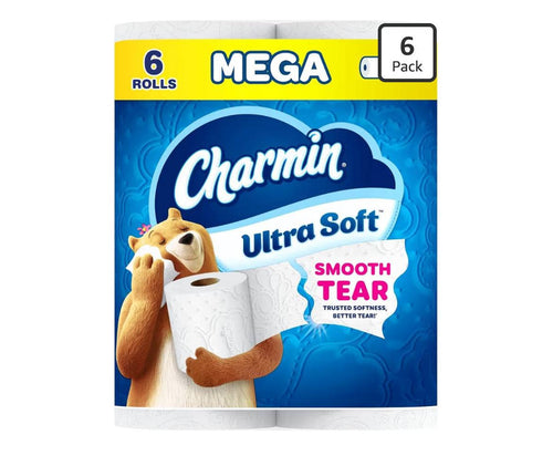 Charmin Ultra Soft toilet paper pack with 6 mega rolls, 2-ply and highly absorbent for smooth tearing and clog-safe use