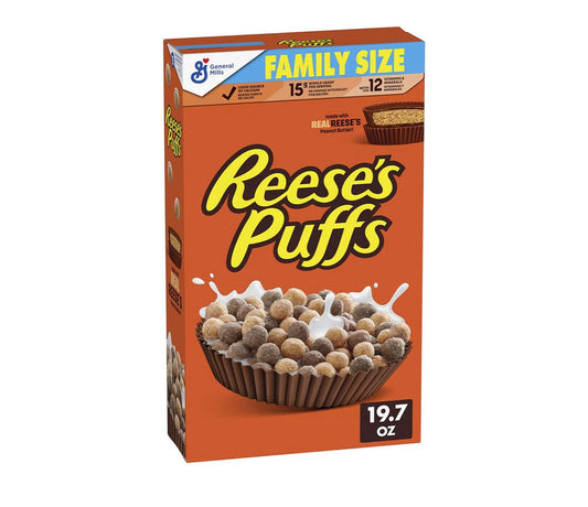 Box of REESE'S PUFFS chocolatey peanut butter family size cereal, 19.7 oz