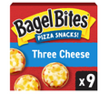 Box of Bagel Bites Mini Pizza Bagel Frozen Snacks with three cheese blend and no artificial flavors