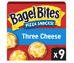 Box of Bagel Bites Mini Pizza Bagel Frozen Snacks with three cheese blend and no artificial flavors