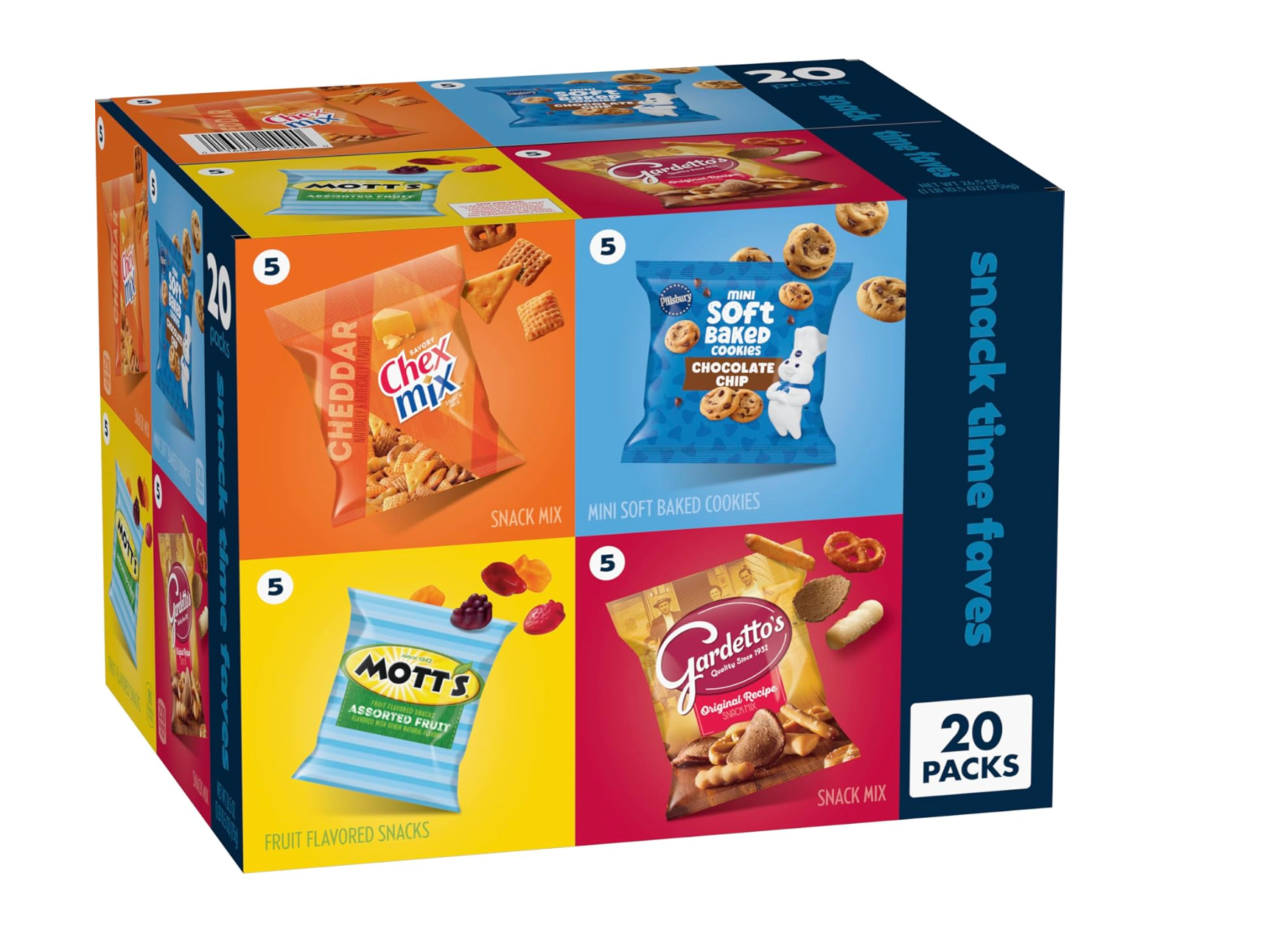 Chex Mix, Mott's, Gardetto's, and Pillsbury Snack Time Faves variety pack with 20 individual snack bags