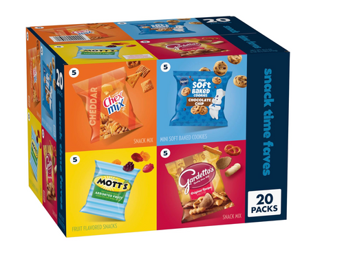Chex Mix, Mott's, Gardetto's, and Pillsbury Snack Time Faves variety pack with 20 individual snack bags